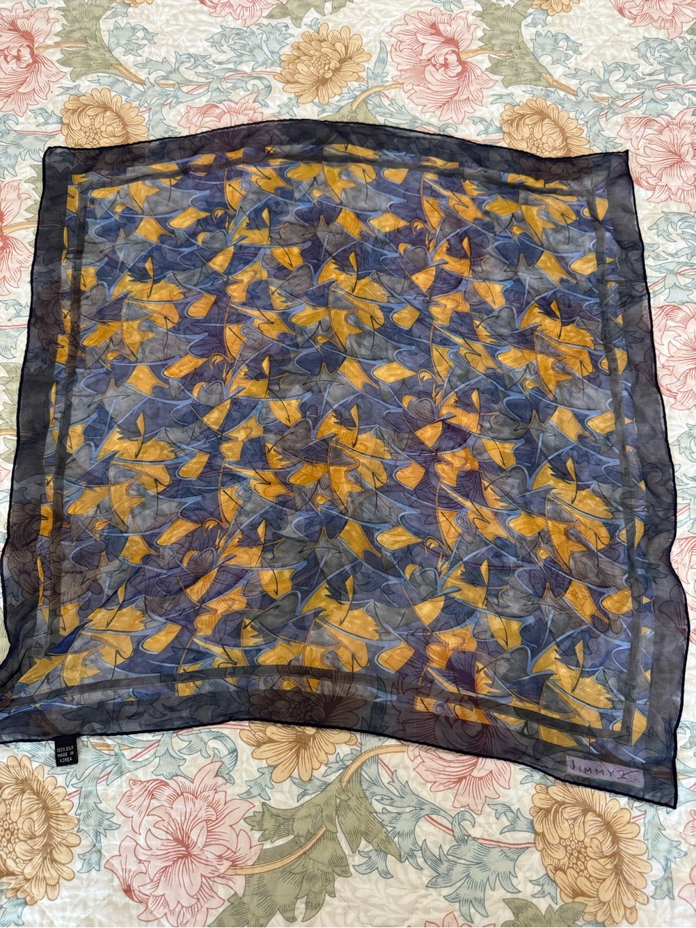 Silk Blue and Mustard Leaf Pattern Scarf